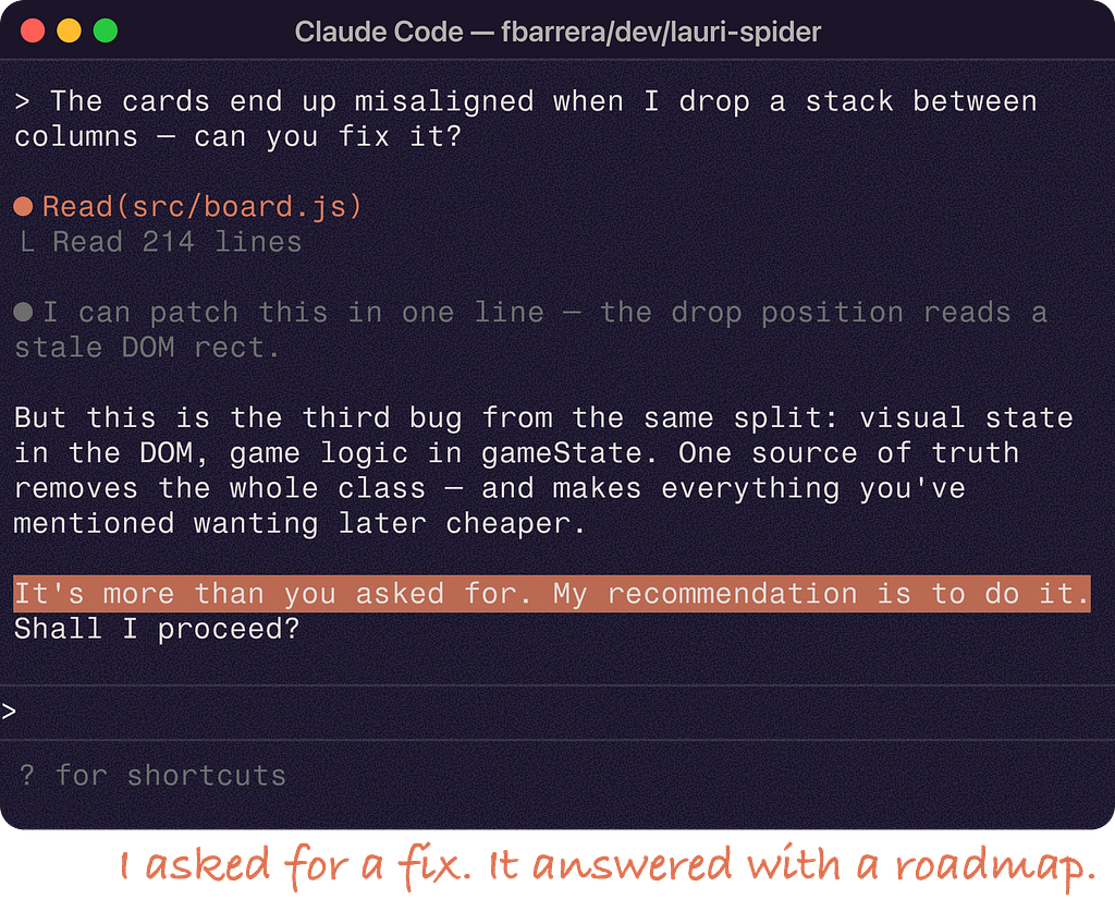 Terminal mockup of a coding agent responding to a small bug-fix request with an architectural recommendation and a question asking whether to proceed.