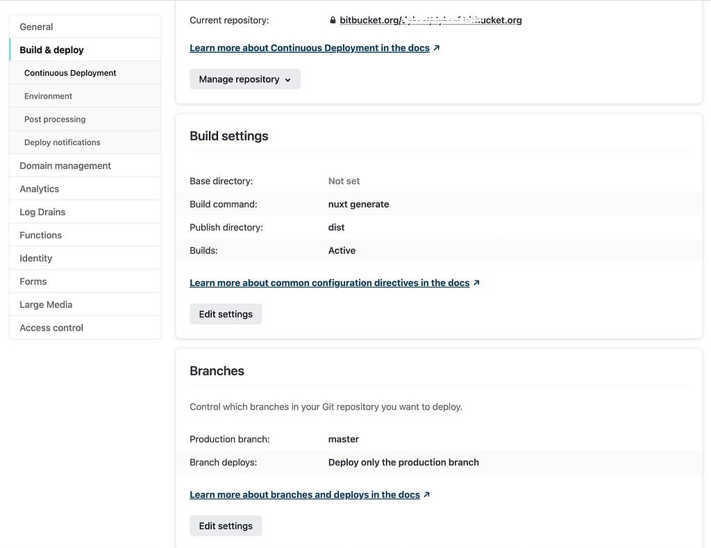 Netlify Build Settings and Repository Branch