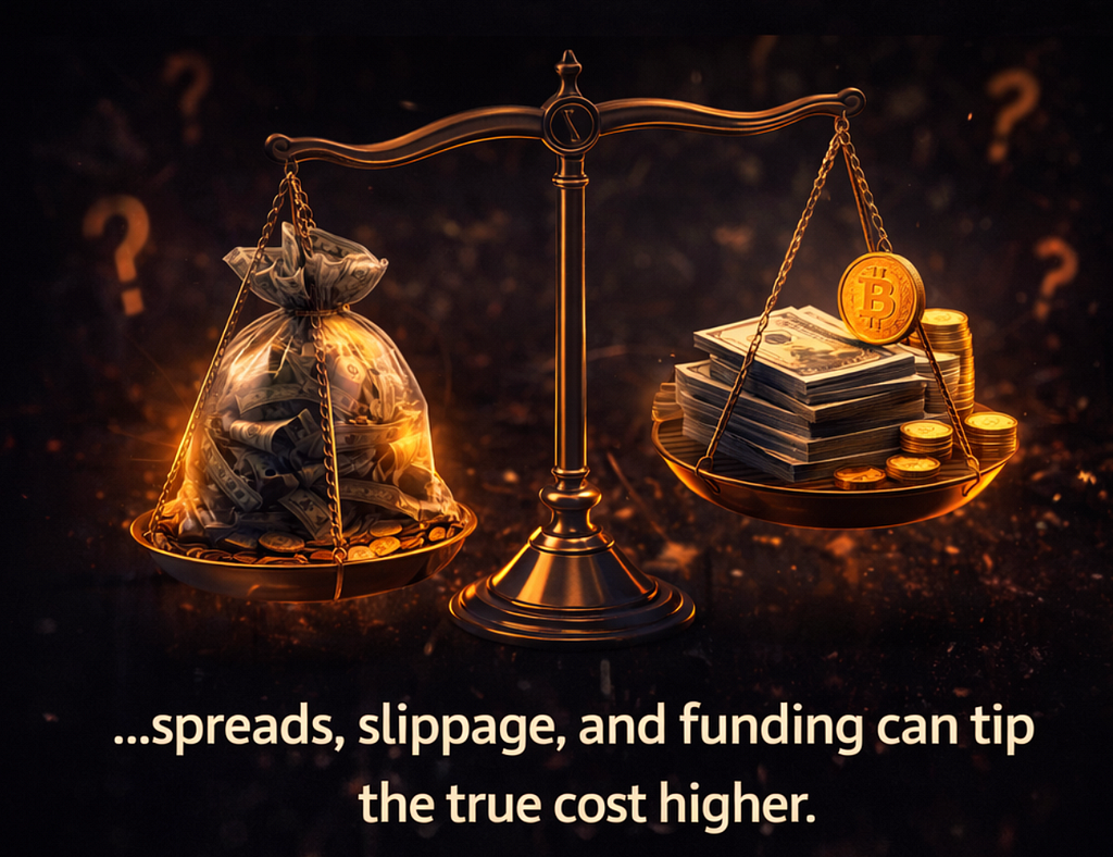 Balance scale comparing trading fees against spreads, slippage, and funding showing true cost of crypto trading beyond fees