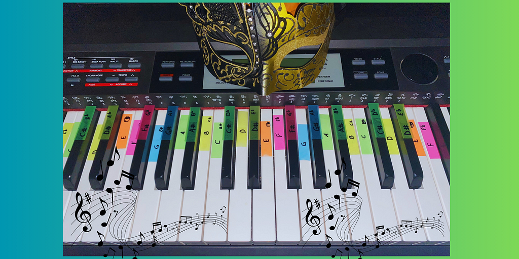 The image of a white and black medeli piano that belongs to the author with colorful sticky notes indicating all of the keys. The author’s signature mask is also sitting on top of the piano with gold and black accents.