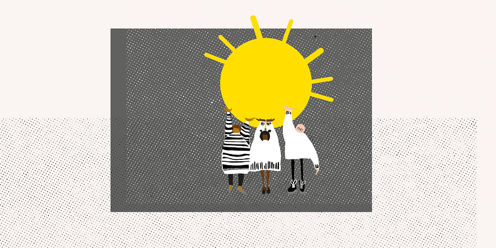 Illustration of three figures holding up a sun on a grey textured background