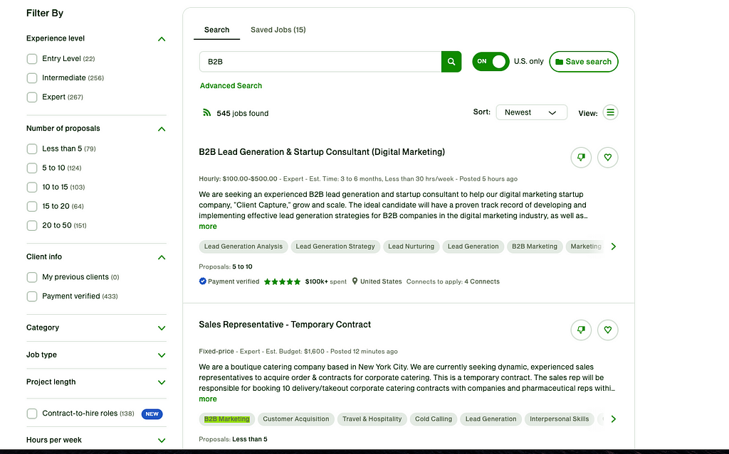 Upwork UI showing how ot filter jobs by rate, experience level, and more