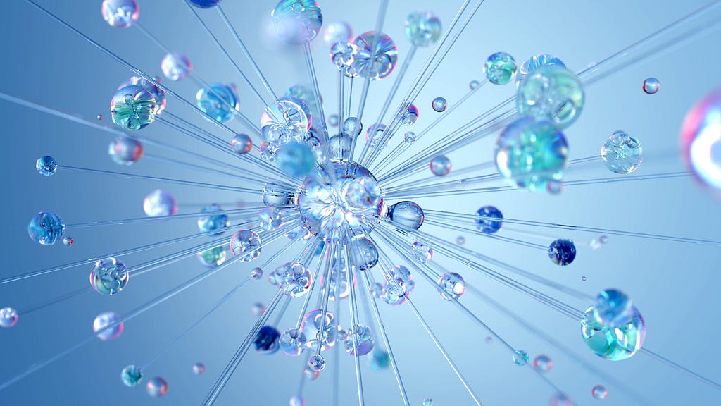 An artist’s visualisation of AI as a cluster of bubbles connected to a central node.