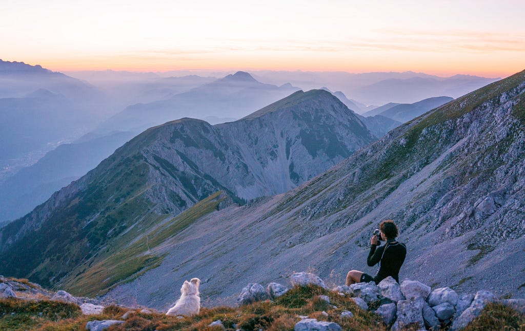 Man on journey in mountains