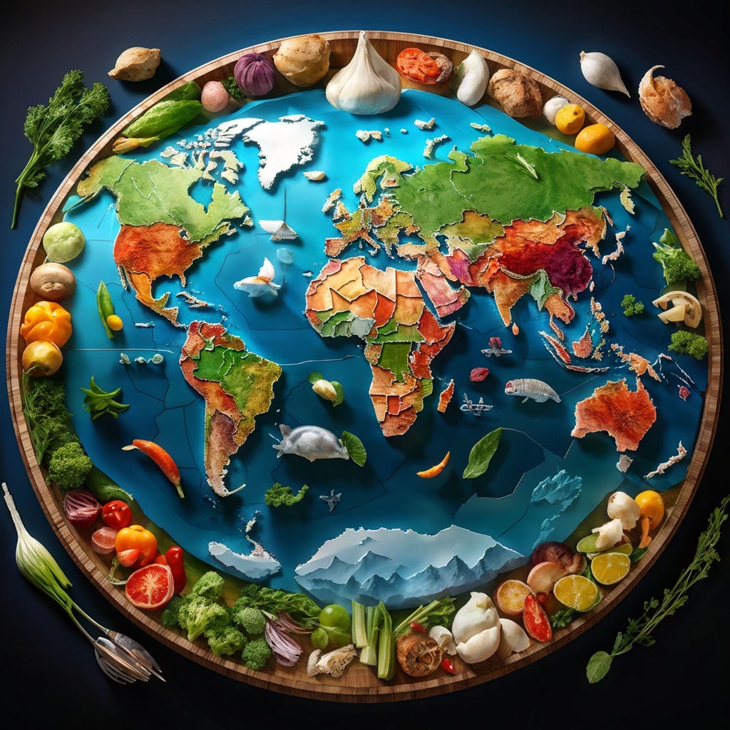 Ai generated image illustrating different countries and the food items produced in those countries.