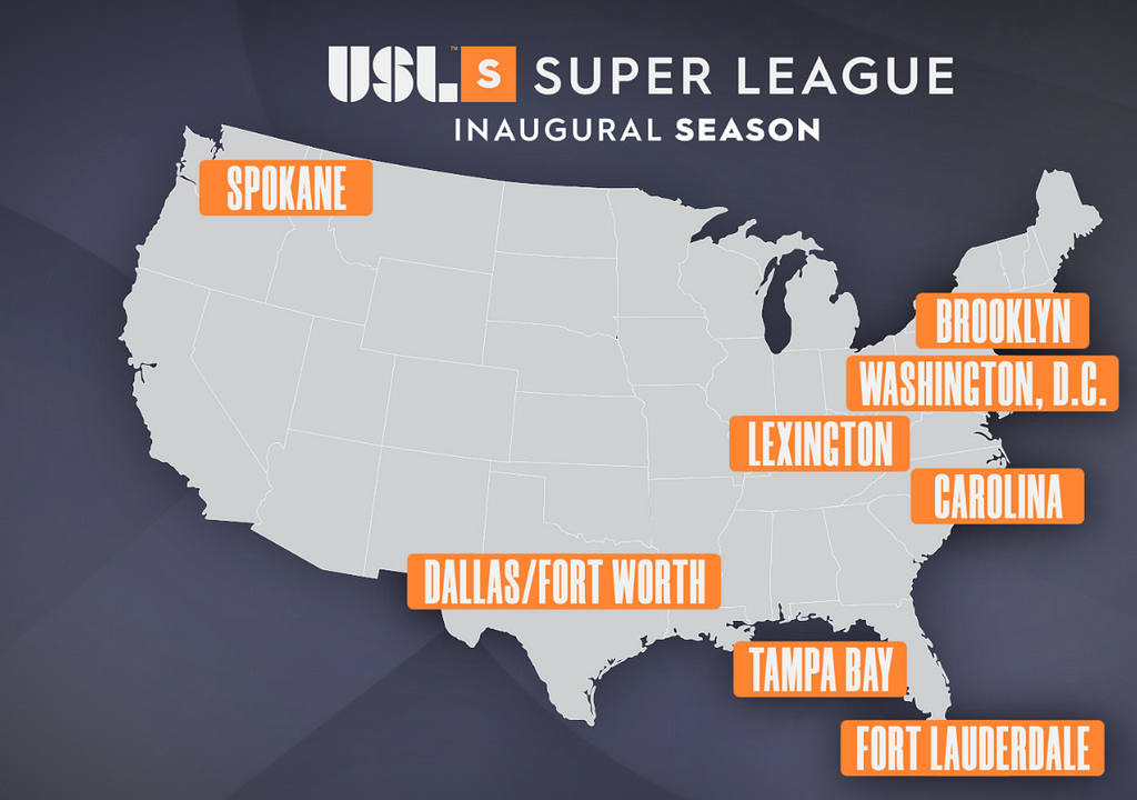 The inaugural season of USL Super League will see teams in Spokane, Brooklyn, Washington DC, Lexington, Charlotte, NC, Dallas, Tampa and Fort Lauderdale