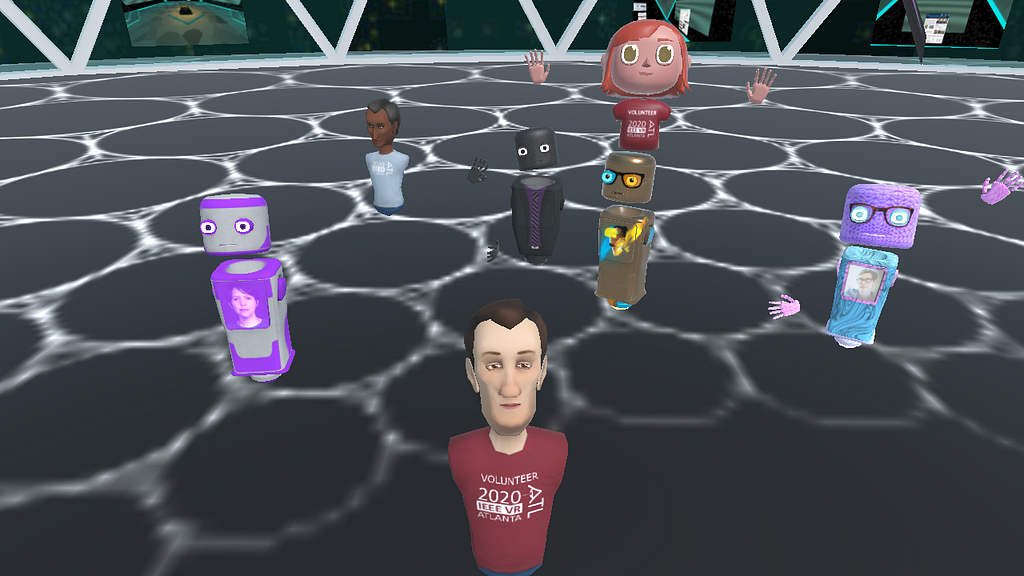 A group of avatars take a selfie in a Mozilla Hubs virtual reality environment