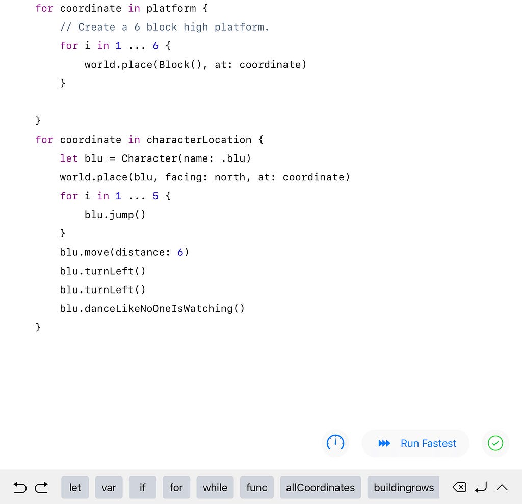 A screenshot of code in the Swift Playgrounds app