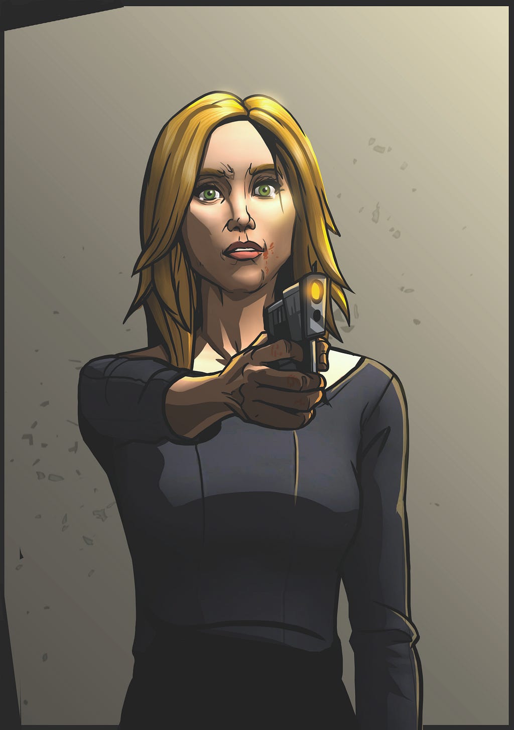A blonde woman holding a gun, digital artwork