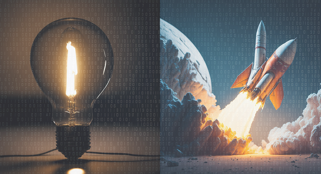 Fusion of 3 images generated by leonardo.ai based on Chat GPT suggestion (a subtle binary code pattern, image of a lightbulb & a rocket launching)