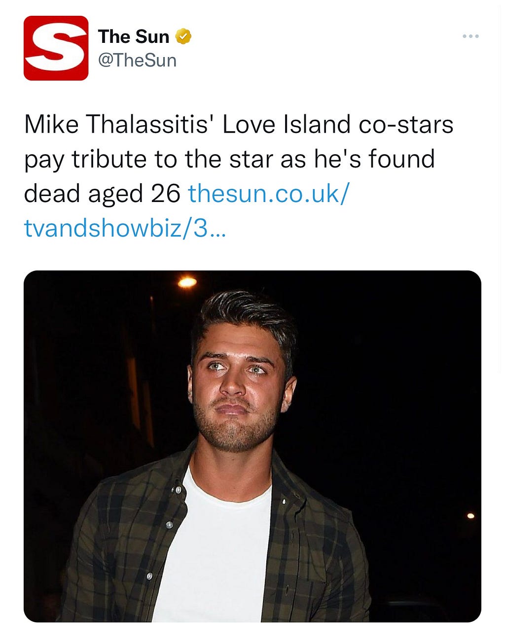 Tweet regarding the death of Love Island star, Mike Thalassitis. Credit: The Sun.