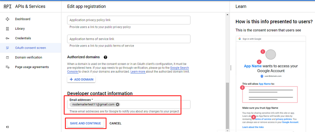 Google Cloud screen to enter developer contact information