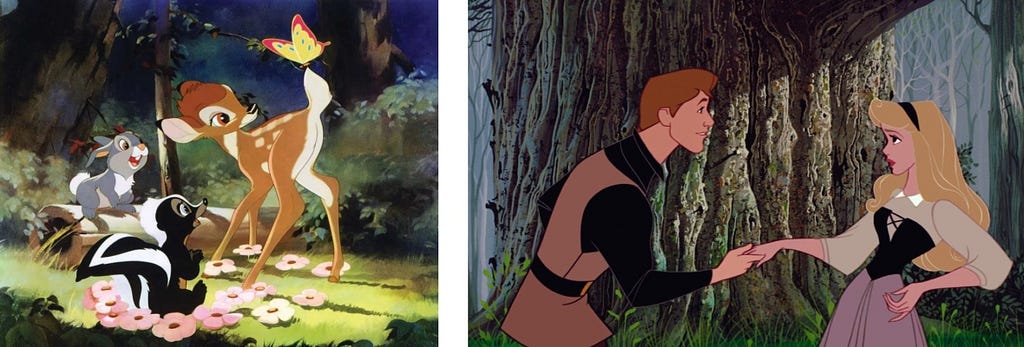 Still frames from Disney’s “Bambi” and “Sleeping Beauty” showing cartoony characters against much more realistically drawn backgrounds