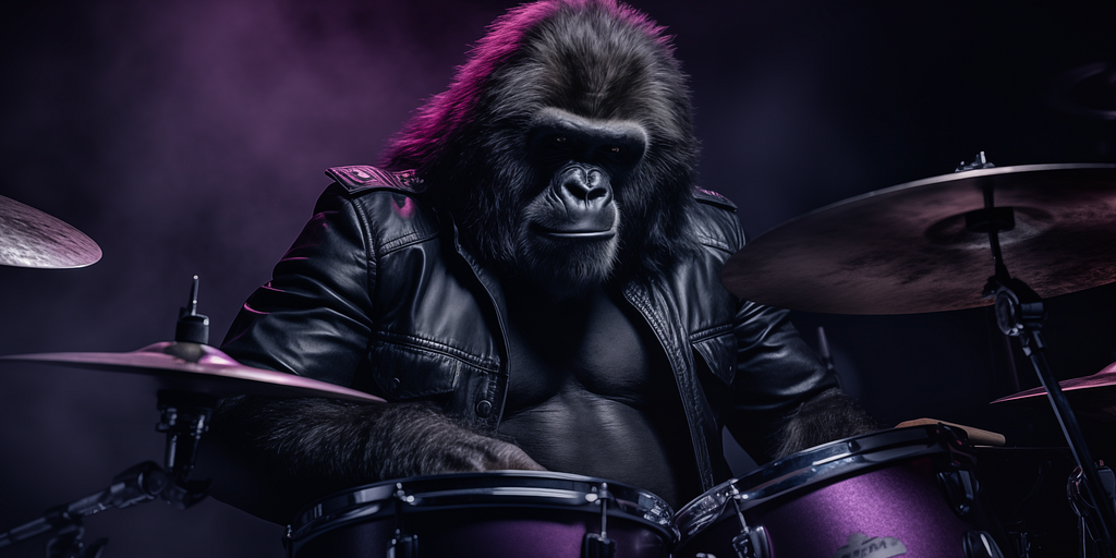 Gorilla in a leather jacket sitting at a drum kit in a purple room