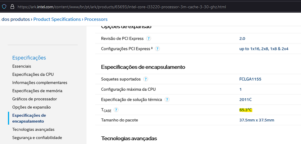 Captura de tela das especificações do processador Intel Core i3–3220 no site da Intel