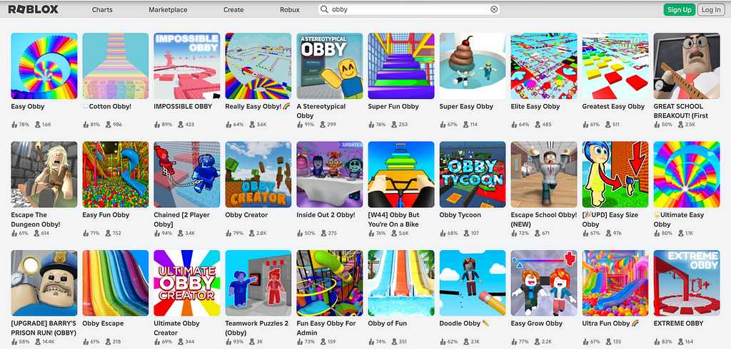 Screenshot form Roblox, a lot of obby courses thumbnails. Very colorful and variated. Messy but inspiring.