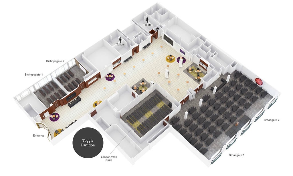 Venue floorplan showing rooms, toilets and catering areas