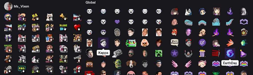 Global and Channel Twitch emote examples.