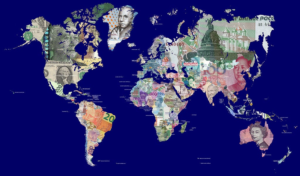 World map showing currencies.