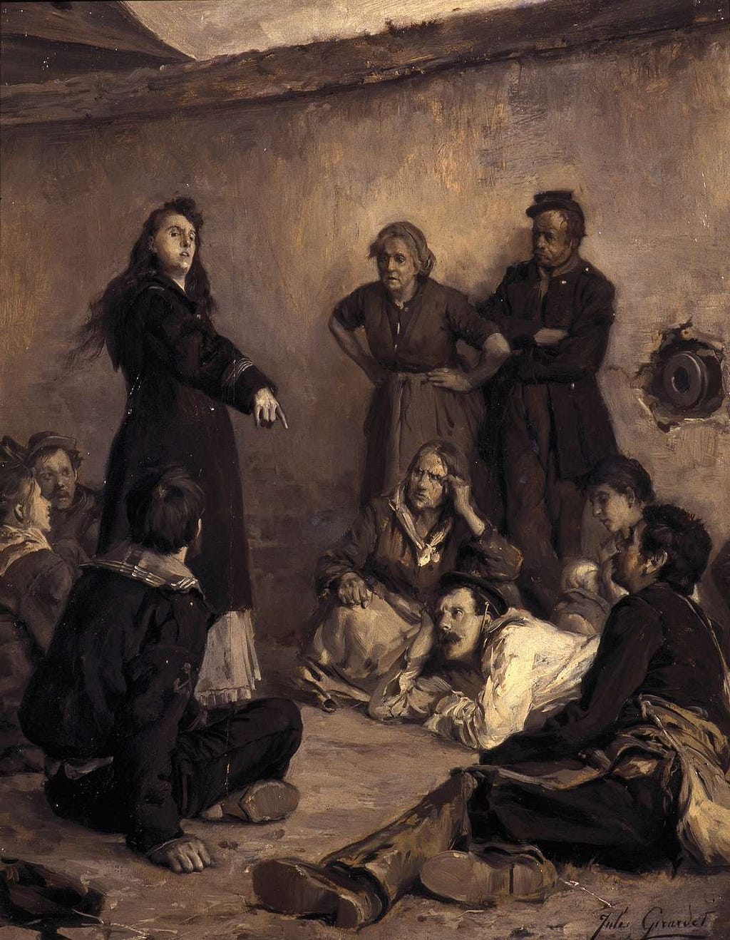 In the painting, Paris Communard Louise Michel strikes a vigorous pose, with a pointing gesture, as she teaches in a small room full of Parisian proletarians.