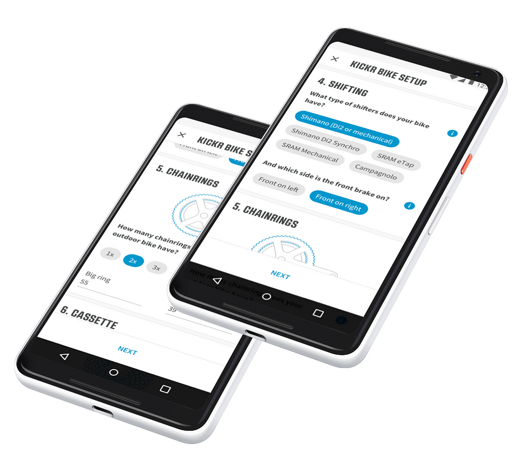 Two Android phones showing shifting and gear ratio settings.