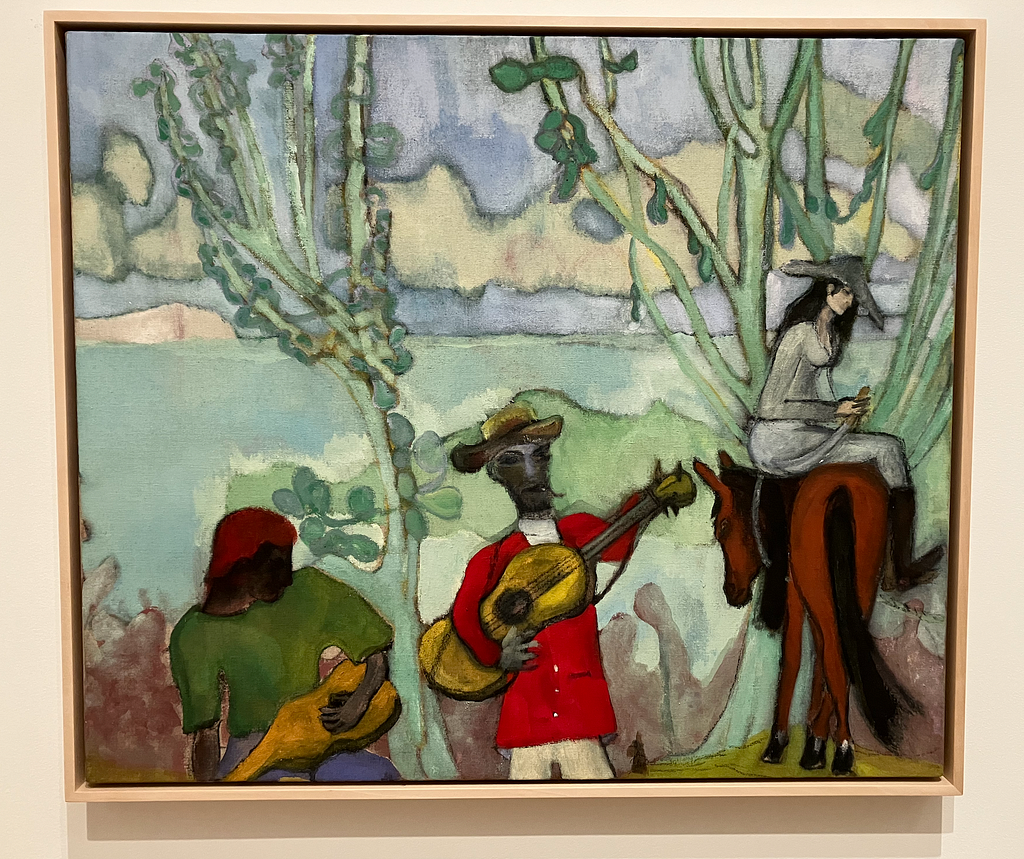 A photo of a paining with two musicians and a woman on a horse