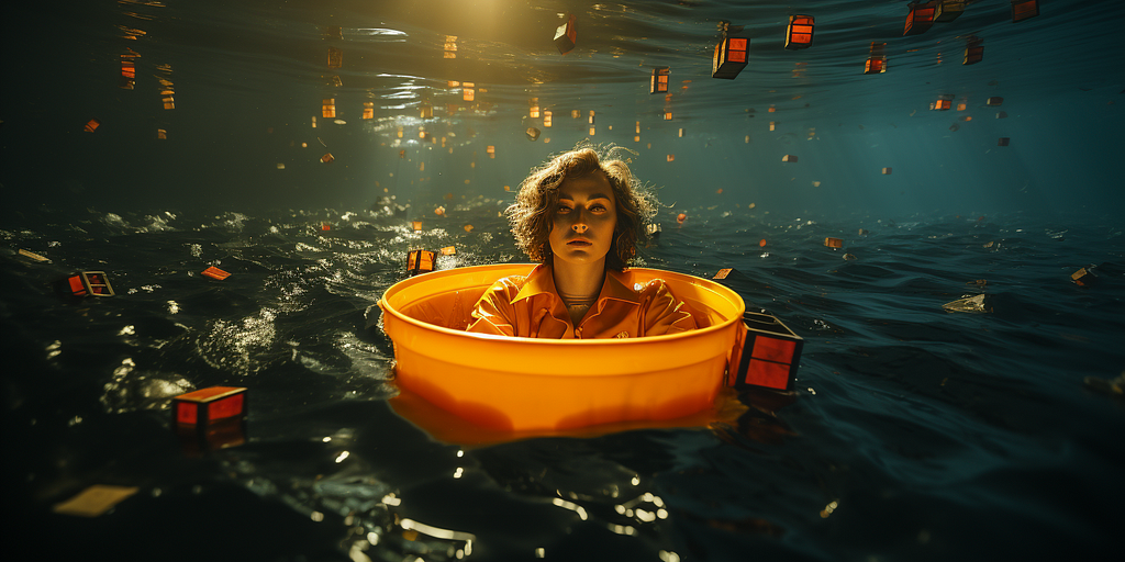 An unhappy woman is sitting in a large plastic trash bin floating in the middle of the ocean