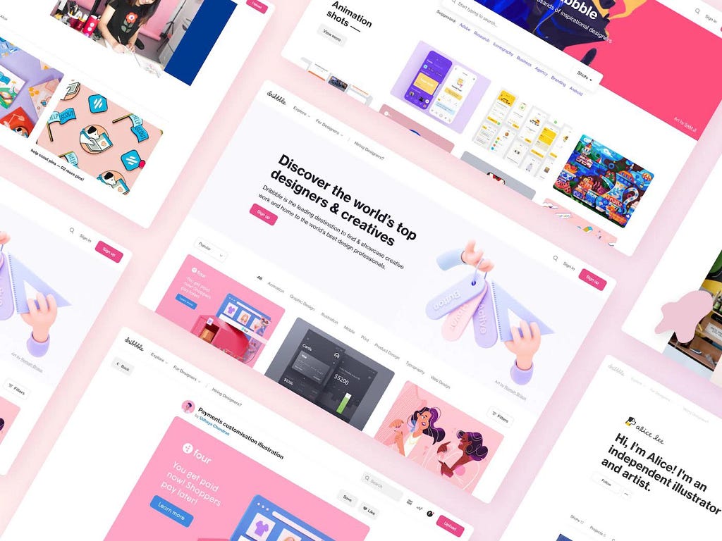 Dribbble homepage screens