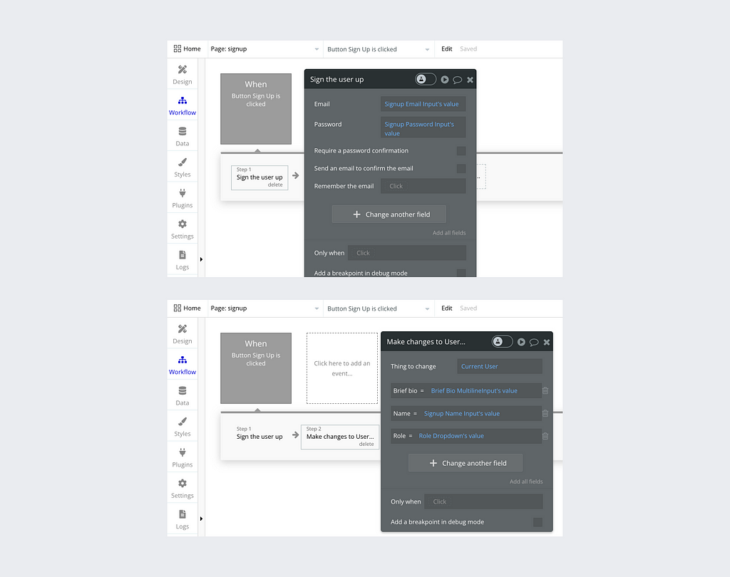 A picture showing our workflows for the sign up action, split to enable us reference some of the saved data