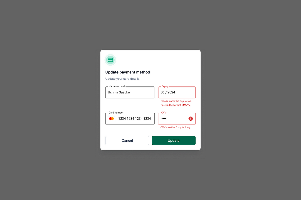 A payment form with fields for Card Number, Expiry Date, and CVV. Errors are highlighted in red for Card Number (Invalid card number) and Expiry Date (Date format should be MM/YY).