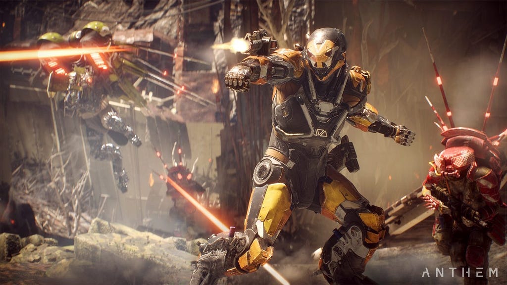 Anthem screenshot showing an armored character in mid-battle with enemies.