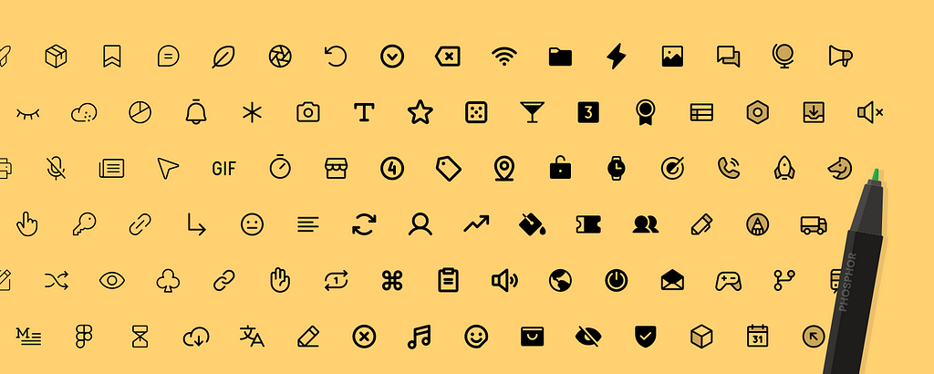 An array of Phosphor Icons from light to bold weights, with a marker resting on the side