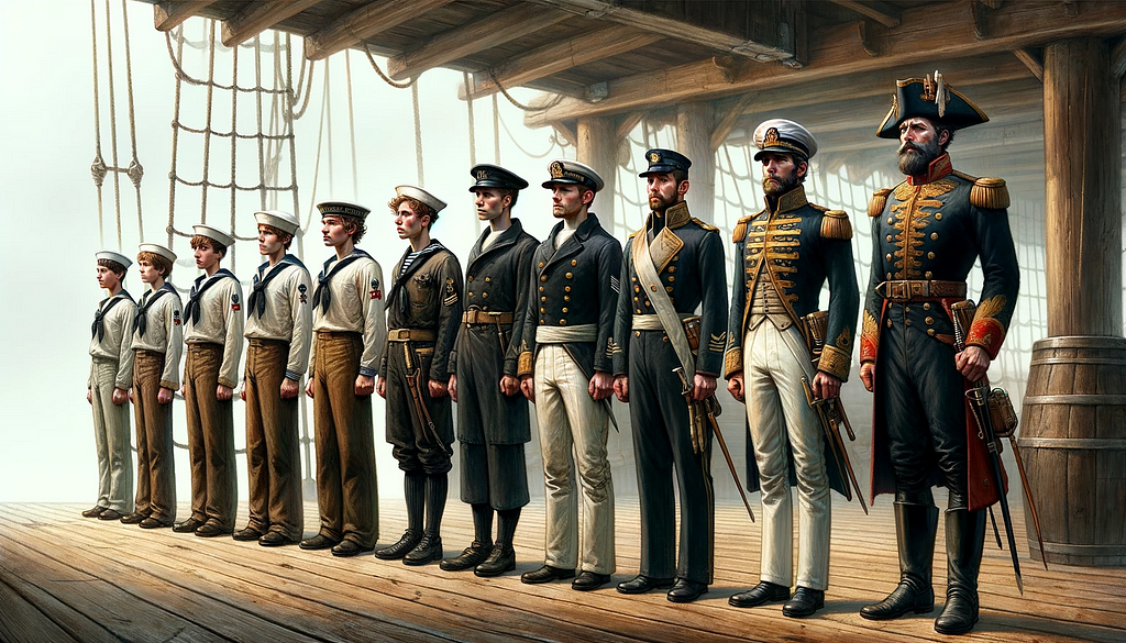 A row of sailors arranged from novice recruits to seasoned captains.