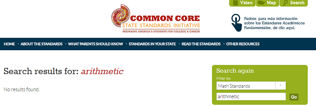 The word “arithmetic” doesn’t appear in the Common Core State Standards. This screenshot says so.