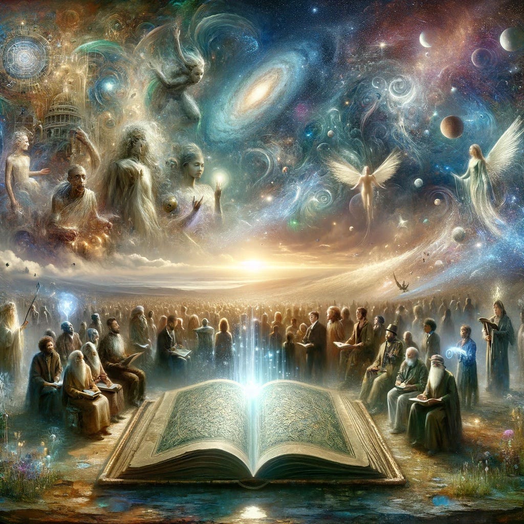 The image created embodies humanity’s quest to understand the ethereal, portraying the collective curiosity and pursuit of knowledge that transcends the tangible world. It captures a moment of unity and wonder as individuals from various cultures and eras are drawn together by a glowing source of otherworldly knowledge, set against a backdrop that merges the natural with the cosmic, evoking a deep sense of exploration and the infinite mysteries of the universe.