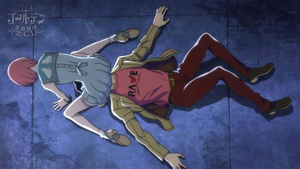 A man lying on his back on the street with a a character in a blue dress has stumbled over him and his sitting on his face