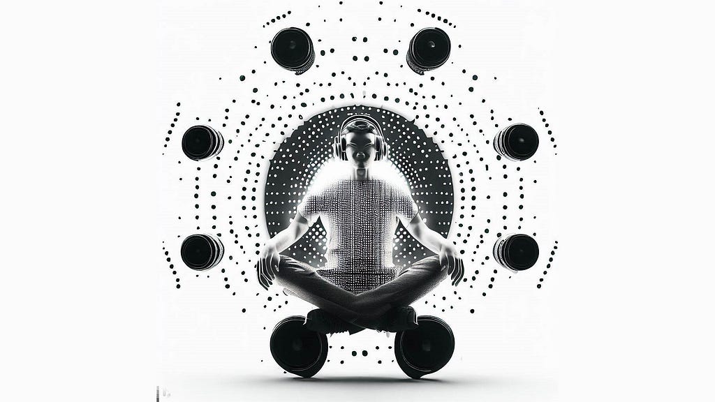 A balck-and-white AI-generated image of a man sitting inside an abstract sphere of speakers and sound sources