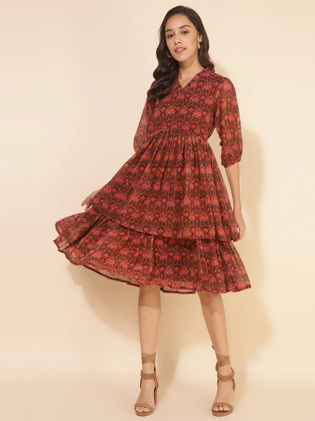 Brown Dobby Georgette Ikkat Printed Flared Dress