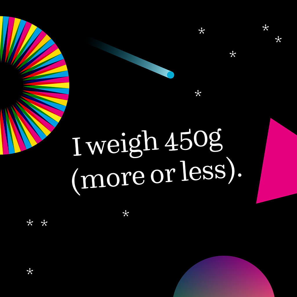 Imagery from the book with the words “I weigh 450g (more or less).”