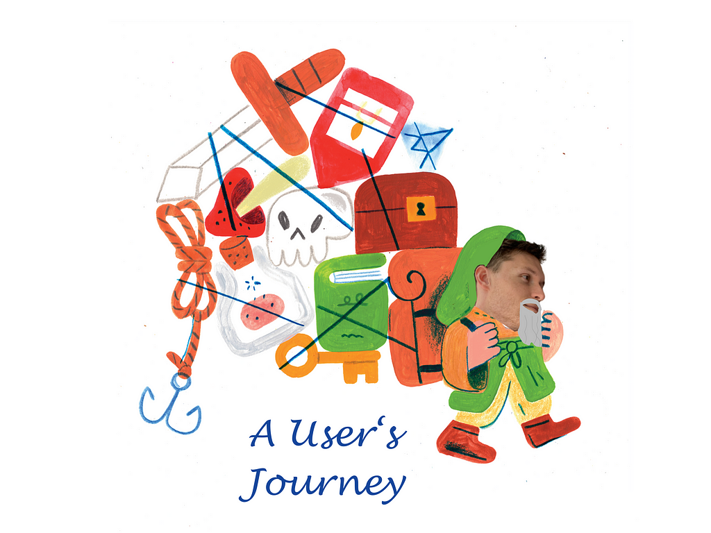 My face on an illustrated gnome that carries an assortment of quest items, the subtitle reads “A User’s Journey”