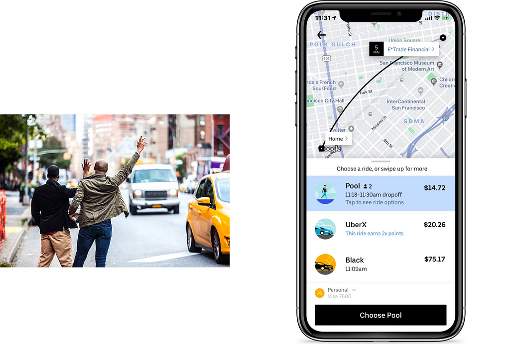 left: two men hail a taxi cab. right: ride sharing app interface.