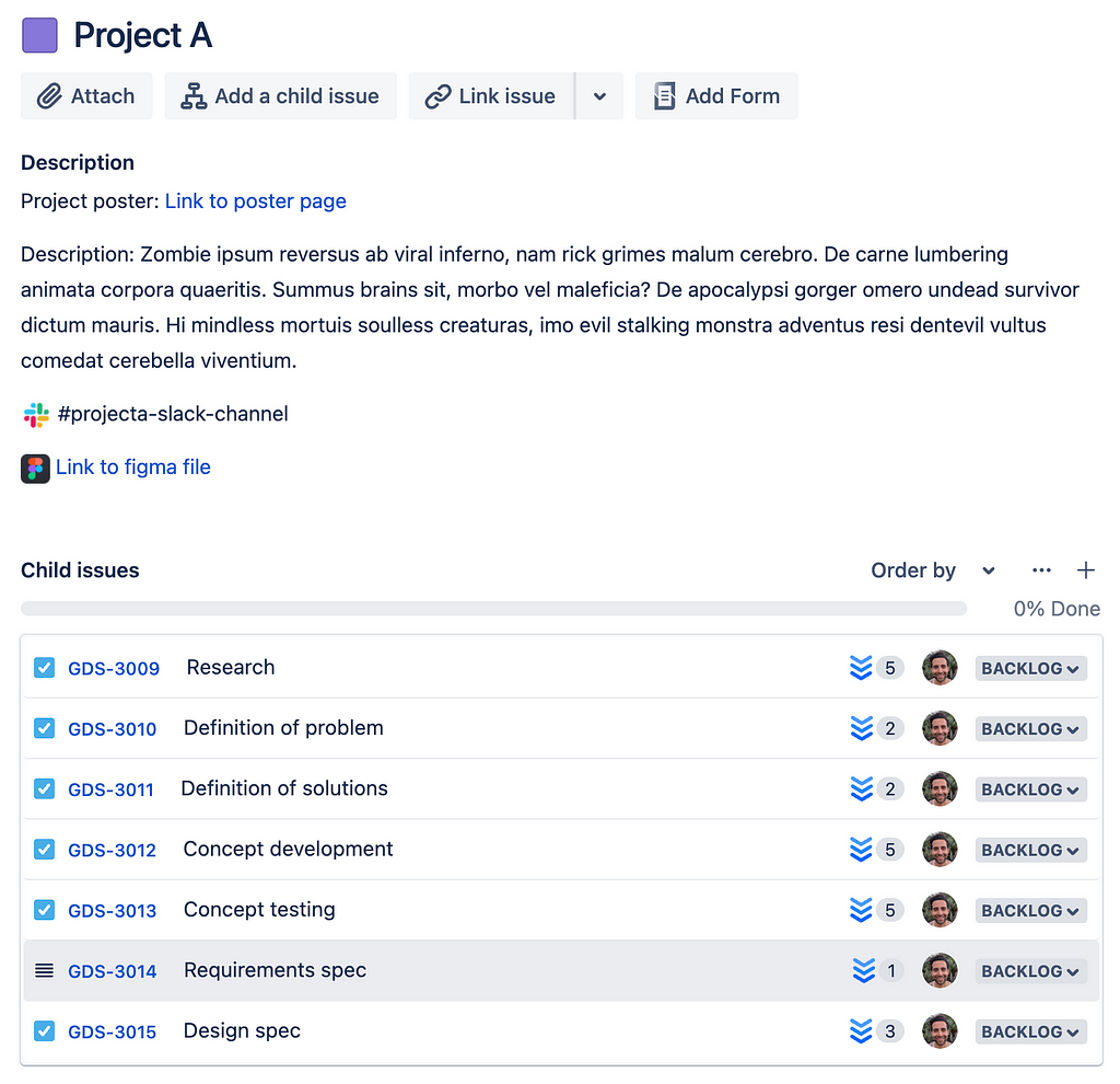 A screenshot of Jira Software epic detail view, showing examples of design tasks