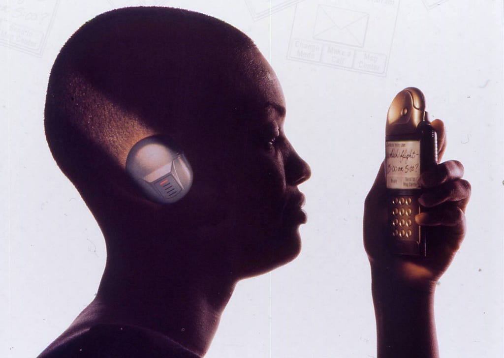 A 1995 Nortel concept illustration showing a person holding an early smartphone prototype with a headset device, representing one of the first visions of mobile internet interaction.