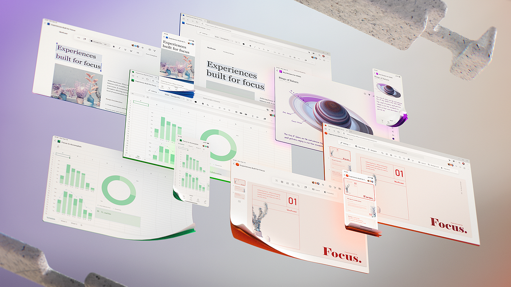 5 screens across desktop, tablet, and mobile showing explorations of future UI.