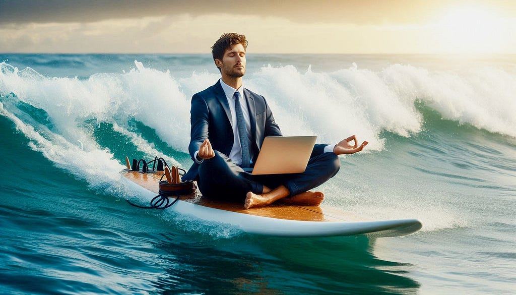 A man in a business suit rides a wave while sitting in meditation posture on a surfboard.