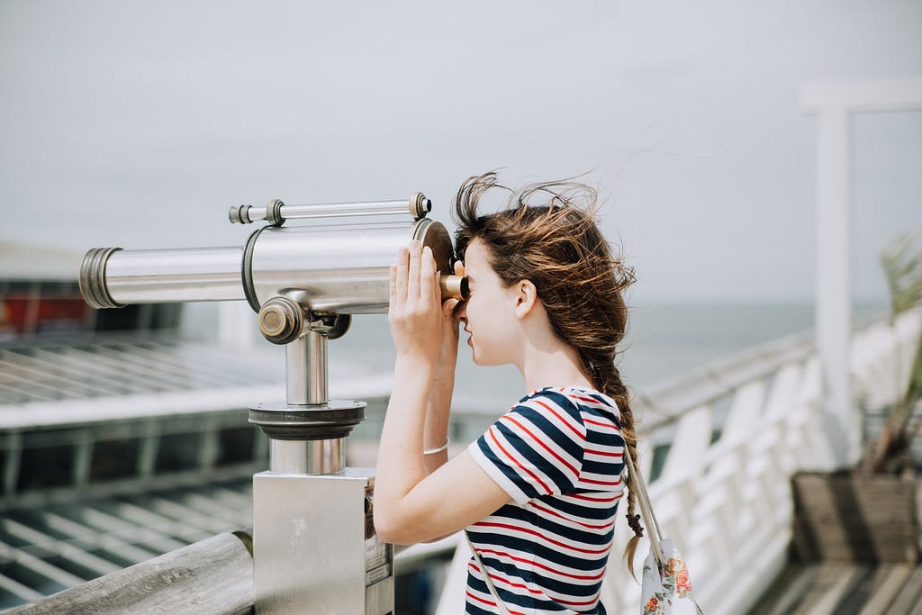 Woman using binoculars by the sea