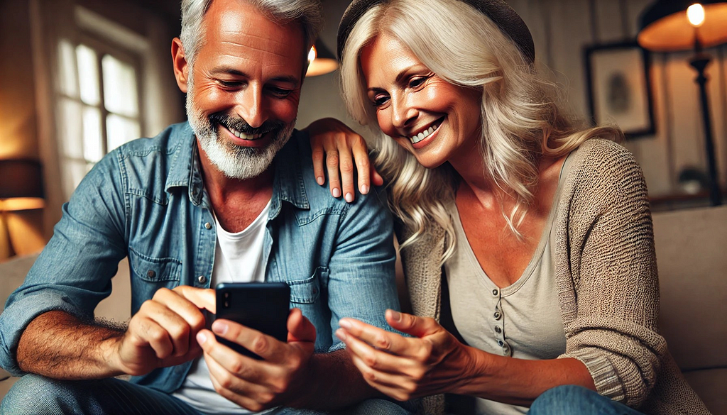 A mature couple exchanging texts while smiling, with one holding a phone and the other looking at a message, illustrating enjoyment and connection.