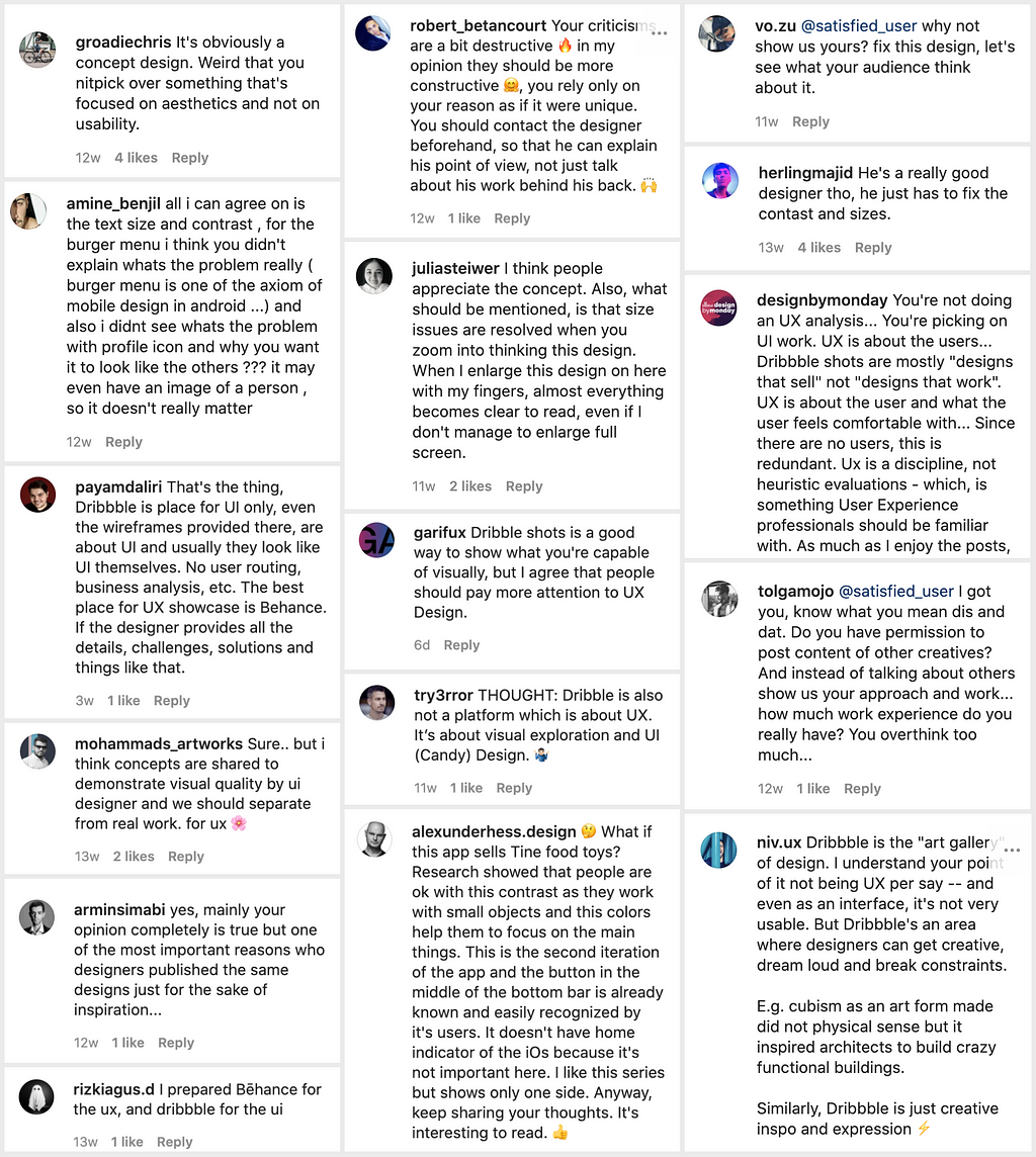 Large collection of screenshots of defensive comments, as a response to the “this is not ux post”. Long and short comments