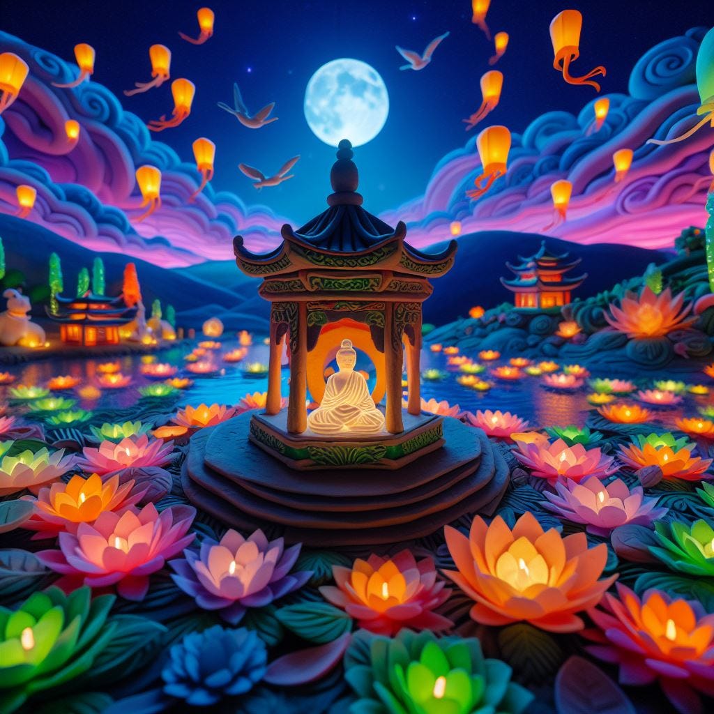 colorful night illustration with a Buda at the center and lotto flowers around it