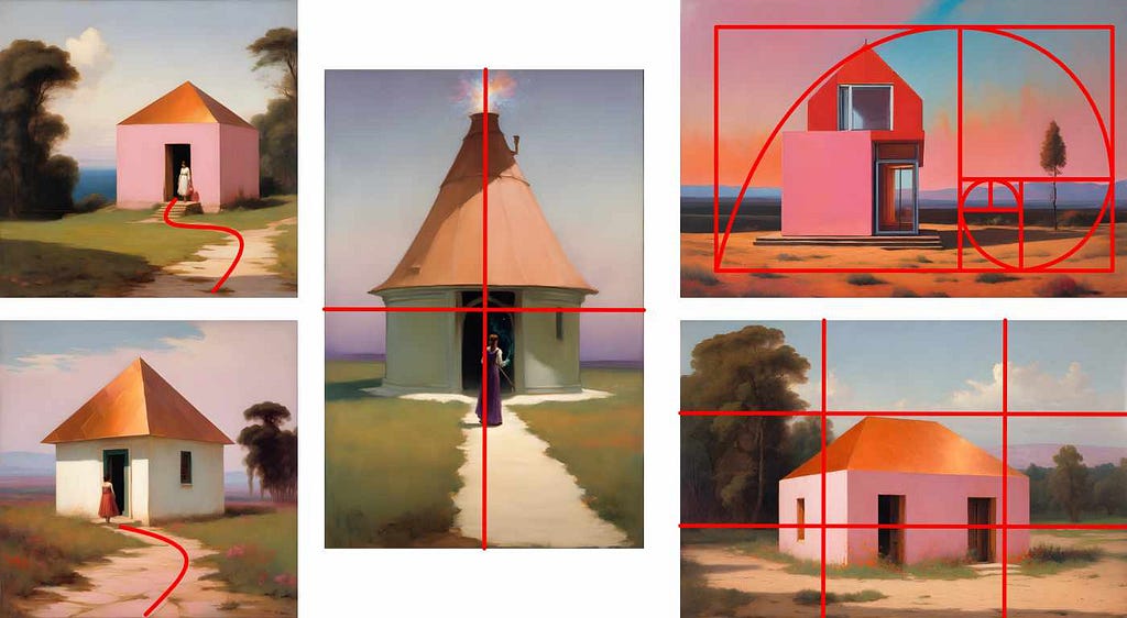 A collection of AI-generated images with design grid overlays to show how well AI images hold up to traditional art composition rules